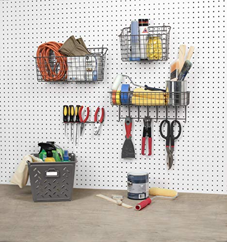 Spectrum Large Wire Basket Pegboard Wall Organizer Metal Pegboard Storage Bin Dual Mounting System for Garage Tools Workshop Supplies Craft Room Organization & Accessories, Industrial Gray
