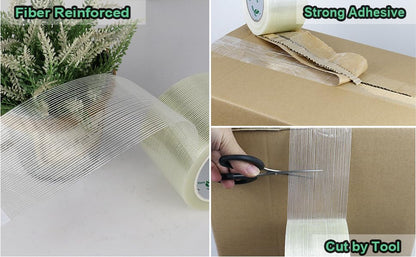 BOMEI PACK Mono Filament Strapping Tape, 4 inches×25yds, 5.5mils Reinforced Strapping Fiberglass Packing, Clear Filament Heavy Duty Wearproof Tape - size: 100mm