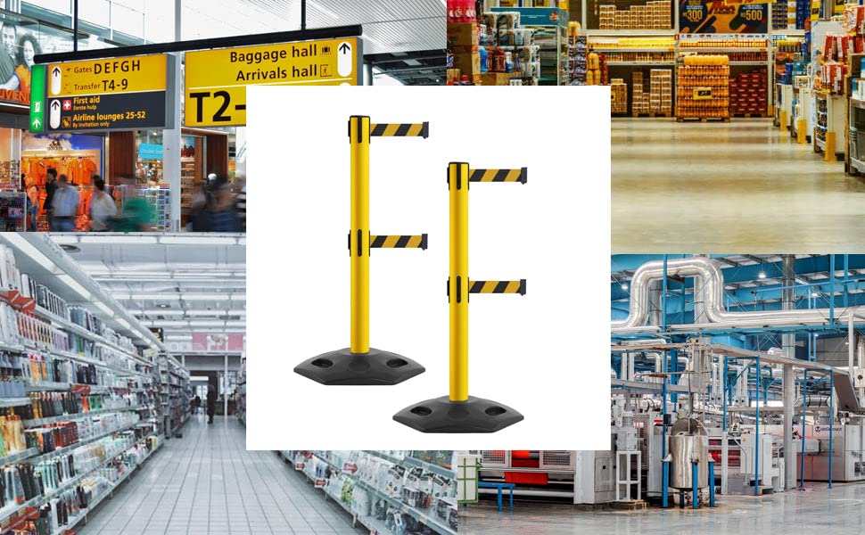 Montour Line MSR650D Set of 2 Retractable Belt Barrier Stanchion, Heavy-Duty Rubber Base, Yellow Steel Post (14 ft Blue Belt) - color: Blue, size: Yellow Steel