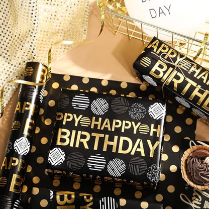 WRAPAHOLIC Reversible Birthday Wrapping Paper Roll - Mini Roll - 17 Inch x 16.5 Feet - Black Gold Happy Birthday Wrapping Paper Perfect for Adults Kids Girls Boys, Baby Shower - color: Black - Happy Birthday & Polka Dots