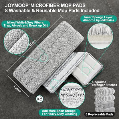 JOYMOOP Flat Mop and Bucket Set, White Microfiber Flat Mop System, Hands-Free Floor Cleaning Kit, 8 Washable Microfiber Pads, Wet and Dry Use, Commercial & Household Floor Cleaning Kit - color: White Lite1381
