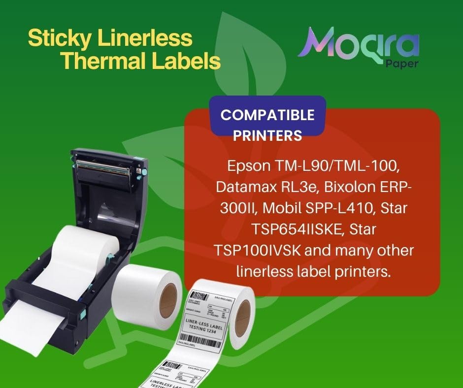 Moqra BPA Free Sticky Thermal Receipt Paper Rolls (80mm) 3 1/8" x 170' 24 Rolls- Removable Label Compatible with TM-L90ii Other linerless Label Printers. Works with POS Systems (24 Rolls/Box) - color: 24 Rolls/Box