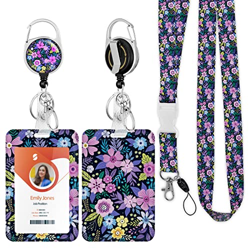 ID Badge Holder with Lanyard,Retractable ID Badge Card Holders Detachable Neck Lanyard Strap with Badge Reel and Vertical ID Holder for Nurse Students Teachers Office Staff(Flower Purple) - color: Flower Purple