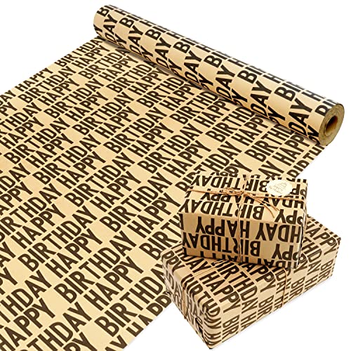 MAMUNU Birthday Wrapping Paper Roll, Black Kraft Happy Birthday Wrapping Paper Jumbo Roll, Brown and Black Kraft Gift Wrap Set for Boys Men Women Girls, 17x590 inch (70 sq. ft.) - color: Black