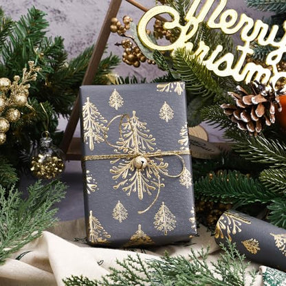 WRAPAHOLIC 3D Kraft Christmas Wrapping Paper Roll - Mini Roll - 17 Inch x 16.5 Feet - Gold and Dark Grey Christmas Tree Wrapping Paper with Embossed Perfect for Holiday, Party Celebration - color: Christmas Tree - Dark Grey & Gold, size: 17 inch x 16.5 fe