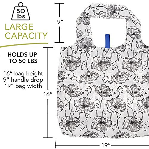 rockflowerpaper Reusable Grocery Bags - Washable, Foldable, Packable Tote, Large Handles, Heavy Duty, Zippered Top Pouch - color: Poppy