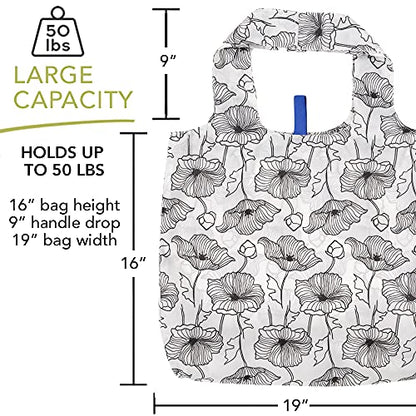 rockflowerpaper Reusable Grocery Bags - Washable, Foldable, Packable Tote, Large Handles, Heavy Duty, Zippered Top Pouch - color: Poppy