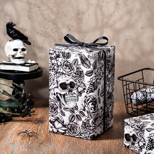 WRAPAHOLIC Halloween Wrapping Paper Roll - Mini Roll - 17 Inch x 16.5 Feet - Black and White Gothic Roses Floral Moth Skull Wrapping Paper for Halloween, Birthday, Holiday, Party - color: Skull & Floral - Balck and White