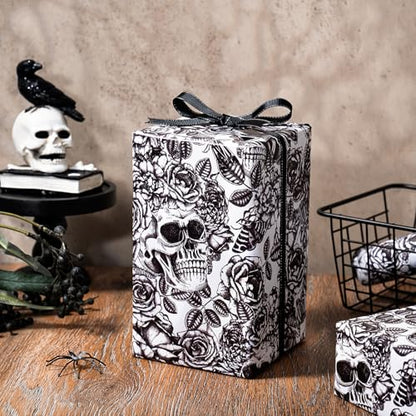 WRAPAHOLIC Halloween Wrapping Paper Roll - Mini Roll - 17 Inch x 16.5 Feet - Black and White Gothic Roses Floral Moth Skull Wrapping Paper for Halloween, Birthday, Holiday, Party - color: Skull & Floral - Balck and White
