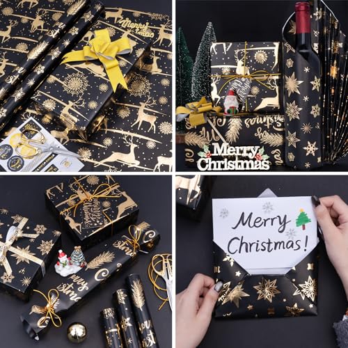 Larcencie Christmas Gift Wrapping Paper Roll w/Gift Bow Sticker, 3 Rolls 17" x 118" Each, Metallic Black and Gold Holiday Wrapping Paper, Snowflake Reindeer Design for Xmas, Winter, Nightmare New Year - color: Black And Gold