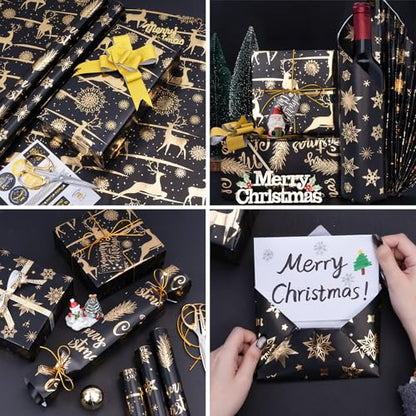 Larcencie Christmas Gift Wrapping Paper Roll w/Gift Bow Sticker, 3 Rolls 17" x 118" Each, Metallic Black and Gold Holiday Wrapping Paper, Snowflake Reindeer Design for Xmas, Winter, Nightmare New Year - color: Black And Gold