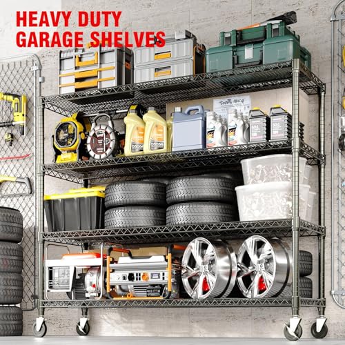 GarveeTech 4-Tier Wire Storage Shelves with Wheels, 2640LBS Heavy Duty Metal Shelving Unit with Adjustable Storage Shelves for Home, Pantry & Warehouse, Easy Assembly, 71.8" H x 59W x 17.7" D