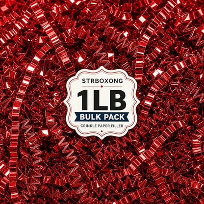 STRBOXONG Double-Sided Red Crinkle Paper Filler 1 LB, Recyclable Crinkle Cut Paper Shred for Gift Baskets, Holiday Gift Boxes, Gift Bags, Party Favors, Wedding Favors and Retail Displays - color: Double-Sided Red