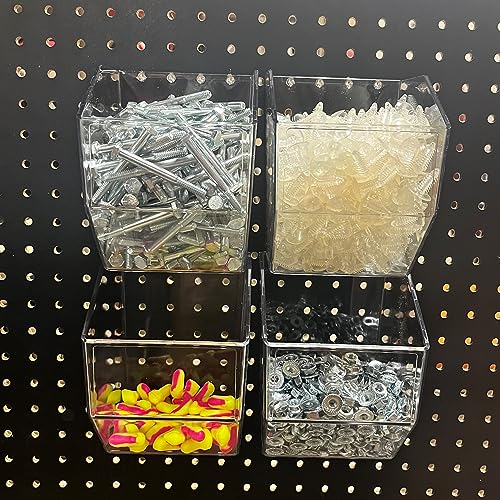 Clear Acrylic Pegboard Bins, 4-Pack, Snap-On Storage Cups for Standard Pegboard, Garage Workbench Organizer for Screws, Nails, Bolts, Craft Supplies and Retail Display