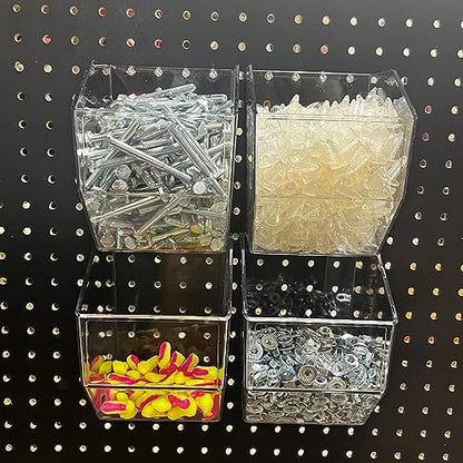 Clear Acrylic Pegboard Bins, 4-Pack, Snap-On Storage Cups for Standard Pegboard, Garage Workbench Organizer for Screws, Nails, Bolts, Craft Supplies and Retail Display