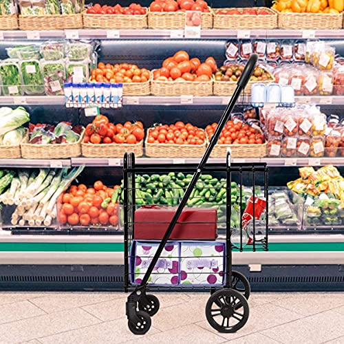 Happygrill Foldable Shopping Cart, Grocery Cart on Wheels with Double Basket, Swivel Wheels and Adjustable Handle, Utility Cart or Grocery Laundry Luggage Travel