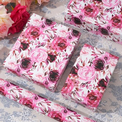 ZINTBIAL Floral Wrapping Paper Roll - Purple Rose Design, 17 Inches x 16.5 Feet, Gift Wrap for Wedding, Bridal Shower, Birthday, Mother's Day,Anniversary, Cut Lines on Back - color: Purple-Floral