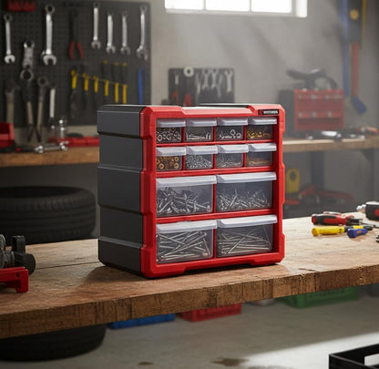 INTERTOOL Small Parts Organizer - 12 Removeable Bin Drawers - Tool Box for Storing Hardware and Garage Organization - For Screws, Bolts, Legos, Arts and Crafts - 10” x 10” x 6” - BX08-4024 - style: 12 Drawers