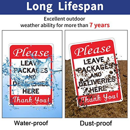 Please Leave Packages and Deliveries Here Sign 2 Pack, 10 x 7 Inches .40 Rust Free Aluminum, UV Protected, Weather Resistant, Waterproof, Durable Ink, Easy to Mount - color: Red Black on white - 10 x 7 inch Aluminum - 2 Pack