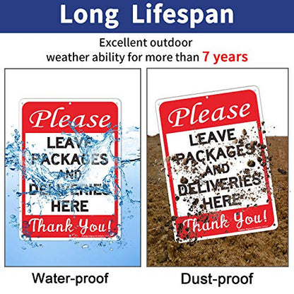 Please Leave Packages and Deliveries Here Sign 2 Pack, 10 x 7 Inches .40 Rust Free Aluminum, UV Protected, Weather Resistant, Waterproof, Durable Ink, Easy to Mount - color: Red Black on white - 10 x 7 inch Aluminum - 2 Pack