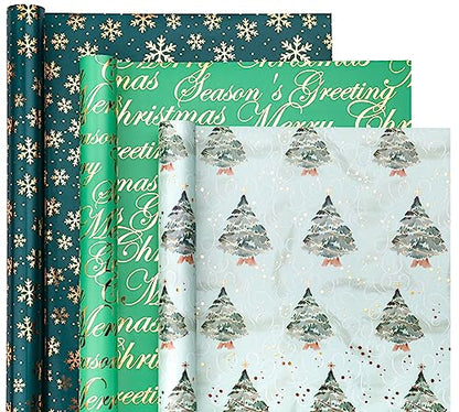 WRAPAHOLIC Christmas Wrapping Paper - 3 Rolls, 17 Inch X 120 Inch Each - Green Foil Christmas Tree, Snowflake Designs with Metallic Shine - Perfect for Christmas, Holiday - color: Christmas - Green Foil