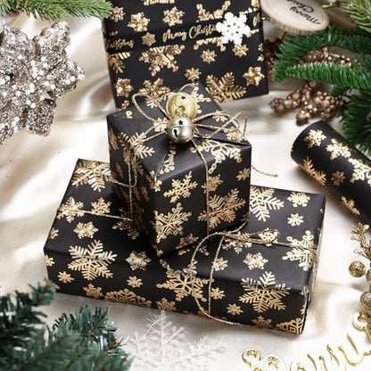 WRAPAHOLIC 30 Inch 3D Kraft Christmas Wrapping Paper - 30 Inch x 16.5 Feet - Gold and Black Snowflake Wrapping Paper with Embossed Perfect for Christmas, Holiday, Party Celebration - color: Christmas Snowflakes - Black & Gold, size: 30 inch x 16.5 feet