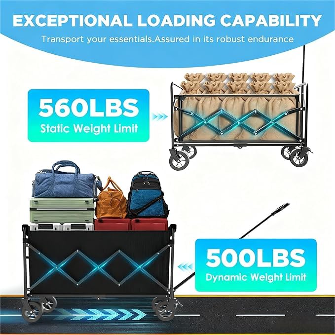 LIAPOTT Wagons Carts Foldable Heavy Duty, 560lbs Beach Wagon with Brakes - color: Blue