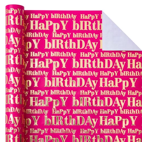 WRAPAHOLIC 3D Kraft Birthday Wrapping Paper Roll - Mini Roll - 17 Inch x 16.5 Feet - Gold and Hot Pink Happy Birthday Wrapping Paper with Embossed Perfect for Girls Women, Holiday, Party - color: Hot Pink & Gold Happy Birthday, size: 17 inch x 16.5 feet