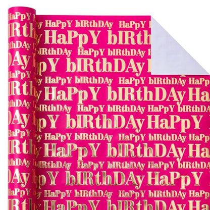 WRAPAHOLIC 3D Kraft Birthday Wrapping Paper Roll - Mini Roll - 17 Inch x 16.5 Feet - Gold and Hot Pink Happy Birthday Wrapping Paper with Embossed Perfect for Girls Women, Holiday, Party - color: Hot Pink & Gold Happy Birthday, size: 17 inch x 16.5 feet