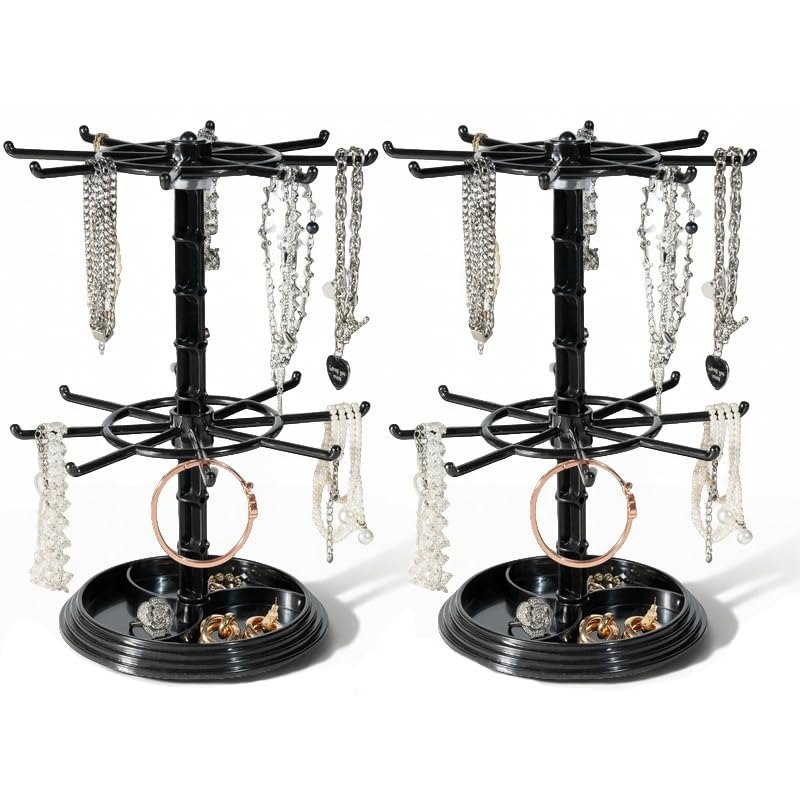 2pcs black 2 Tier Rotating Jewelry Display Stand, Necklace Holder, Jewelry Tree Stand, DIY Organizer for Bracelets, Necklaces, Earrings, Rings, Watches (2 pcs black) - color: 2 pcs black