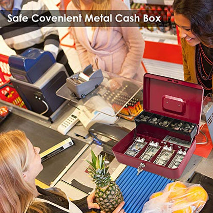 KYODOLED Locking Cash Box with Lock,Money Box with Cash Tray,Lock Safe Box with Key,Money Saving Organizer,11.81Lx 9.45Wx 3.54H Inches,Red XL Large - color: Red