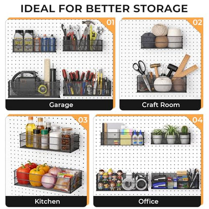 INCLY 4 Pack Upgrade Pegboard Baskets, 4 Sizes Square Metal Mesh Basket - color: Black