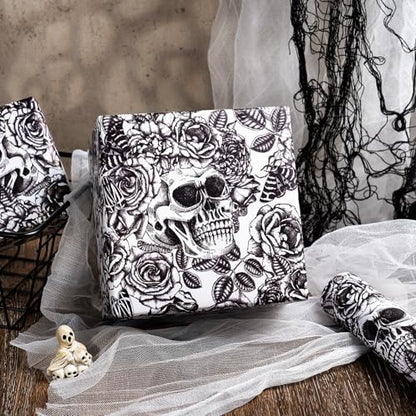 WRAPAHOLIC Halloween Wrapping Paper Roll - Mini Roll - 17 Inch x 16.5 Feet - Black and White Gothic Roses Floral Moth Skull Wrapping Paper for Halloween, Birthday, Holiday, Party - color: Skull & Floral - Balck and White