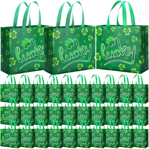 Abbylike St Patrick's Day Lucky Reusable Non Woven Goodie Bags Green - style: Lucky