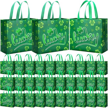 Abbylike St Patrick's Day Lucky Reusable Non Woven Goodie Bags Green - style: Lucky