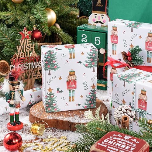 WRAPAHOLIC 30 Inch Nutcracker Christmas Wrapping Paper - 30 Inch x 33 Feet - Nutcracker and Christmas Tree Wrapping Ppaer for Holiday, Party Celebration - color: Nutcracker & Christmas Tree, size: 30 inch x 33 feet