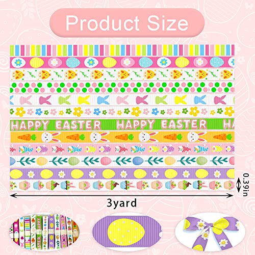 9 Pieces 3/8" Easter Ribbons Happy Easter Words Grosgrain Decor Ribbons 3 Yards, Easter Spring Rabbits Flowers Satin Ribbon for Spring Easter Party Holiday Gift Packaging DIY Decoration Supplies