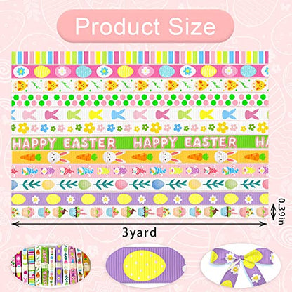 9 Pieces 3/8" Easter Ribbons Happy Easter Words Grosgrain Decor Ribbons 3 Yards, Easter Spring Rabbits Flowers Satin Ribbon for Spring Easter Party Holiday Gift Packaging DIY Decoration Supplies