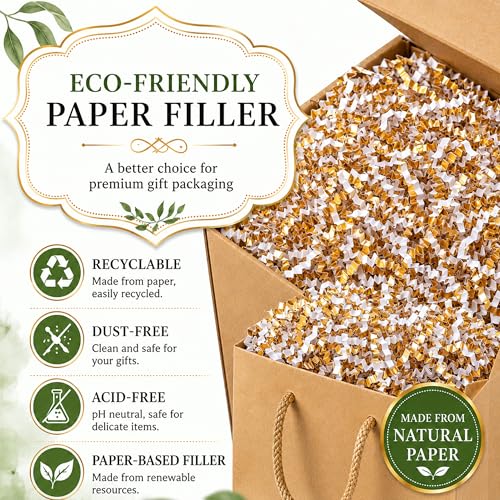 STRBOXONG White & Gold Crinkle Paper Filler 1 LB, Recyclable Crinkle Cut Paper Shred for Gift Baskets, Holiday Gift Boxes, Gift Bags, Party Favors, Wedding Favors and Retail Displays - color: White & Gold