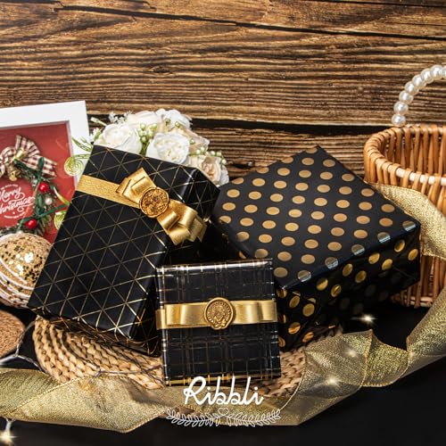 Ribbli Birthday Wrapping Paper Black and Gold Gift Wrap for Father's Day Men Husband Boyfriend Mini Roll, 3 Rolls Geometry Pattern - 17 inch x 120 inch(10feet) Per Roll - color: Black/Gold