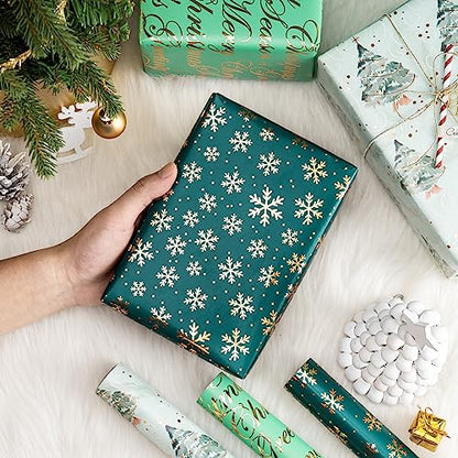 WRAPAHOLIC Christmas Wrapping Paper - 3 Rolls, 17 Inch X 120 Inch Each - Green Foil Christmas Tree, Snowflake Designs with Metallic Shine - Perfect for Christmas, Holiday - color: Christmas - Green Foil