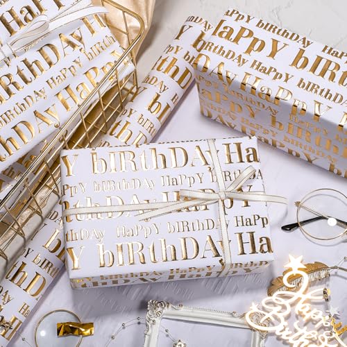 WRAPAHOLIC 30 Inch 3D Kraft Birthday Wrapping Paper Roll - 30 Inch x 16.5 Feet - Gold and White Happy Birthday Wrapping Paper with Embossed Perfect for Holiday, Party Celebration - color: White & Gold Happy Birthday, size: 30 inch x 16.5 feet