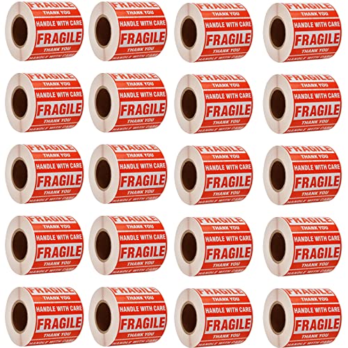 Immuson Warning Fragile Tape, 3" X 2" Fragile Handle with Care Warning Stickers for Shipping and Packing,500 Labels Per Roll (20 Rolls) - size: 20 Rolls