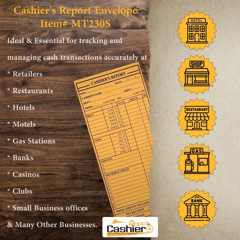 400 Cashier Depot - Cashier's Report Envelope MT230S, 4 1/2" x 10 3/8", Sturdy 24lb. Brown Kraft, Cash Drop Envelopes, Peel & Seal Flap, 400 Count