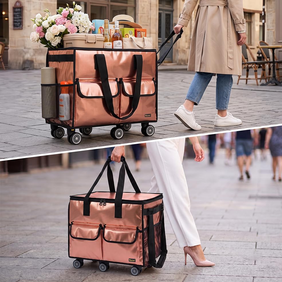 BALEINE Reusable Grocery Bag on Wheels, Foldable Rolling Tote Bag - color: Rose Gold- Wide, size: Large