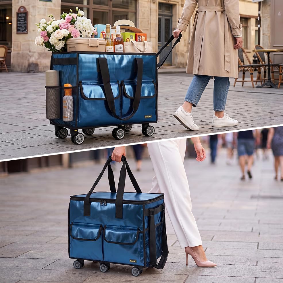BALEINE Reusable Grocery Bag on Wheels, Foldable Rolling Tote Bag - color: Navy- Wide, size: Medium