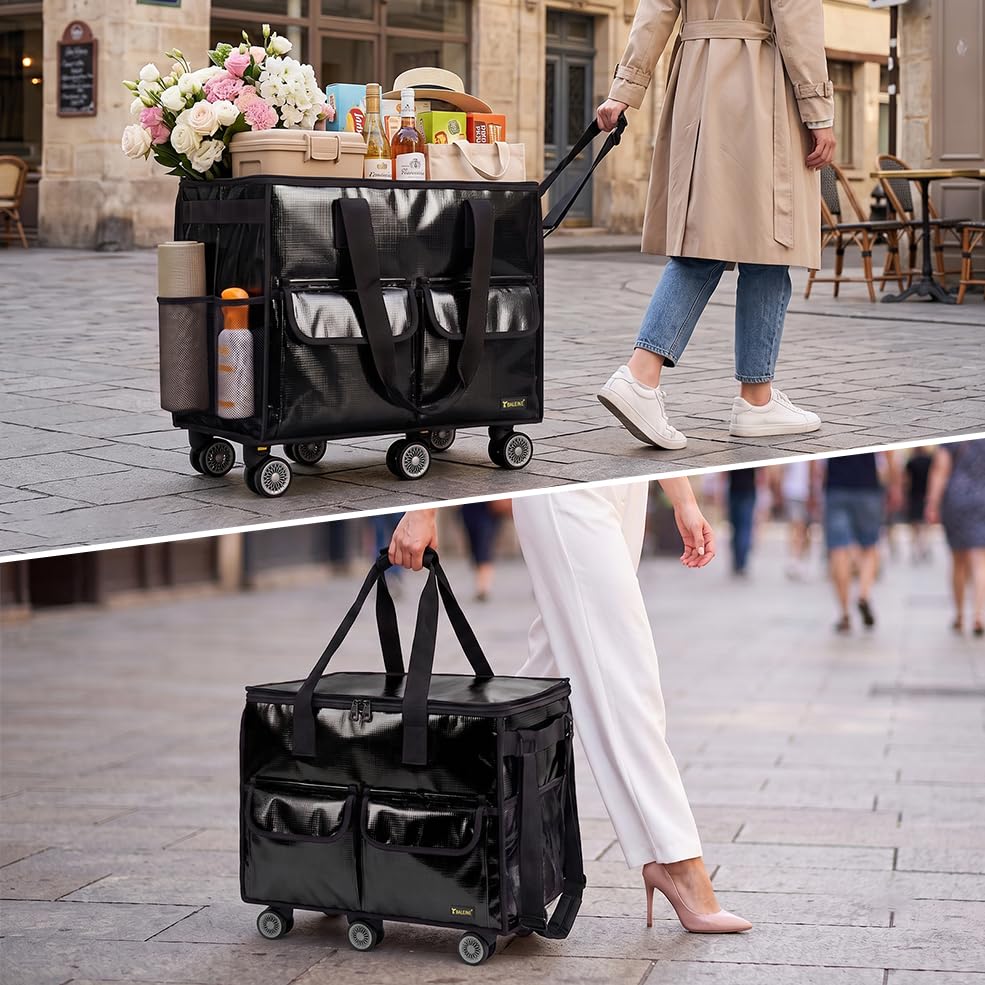 BALEINE Reusable Grocery Bag on Wheels, Foldable Rolling Tote Bag - color: Black- Wide, size: Large