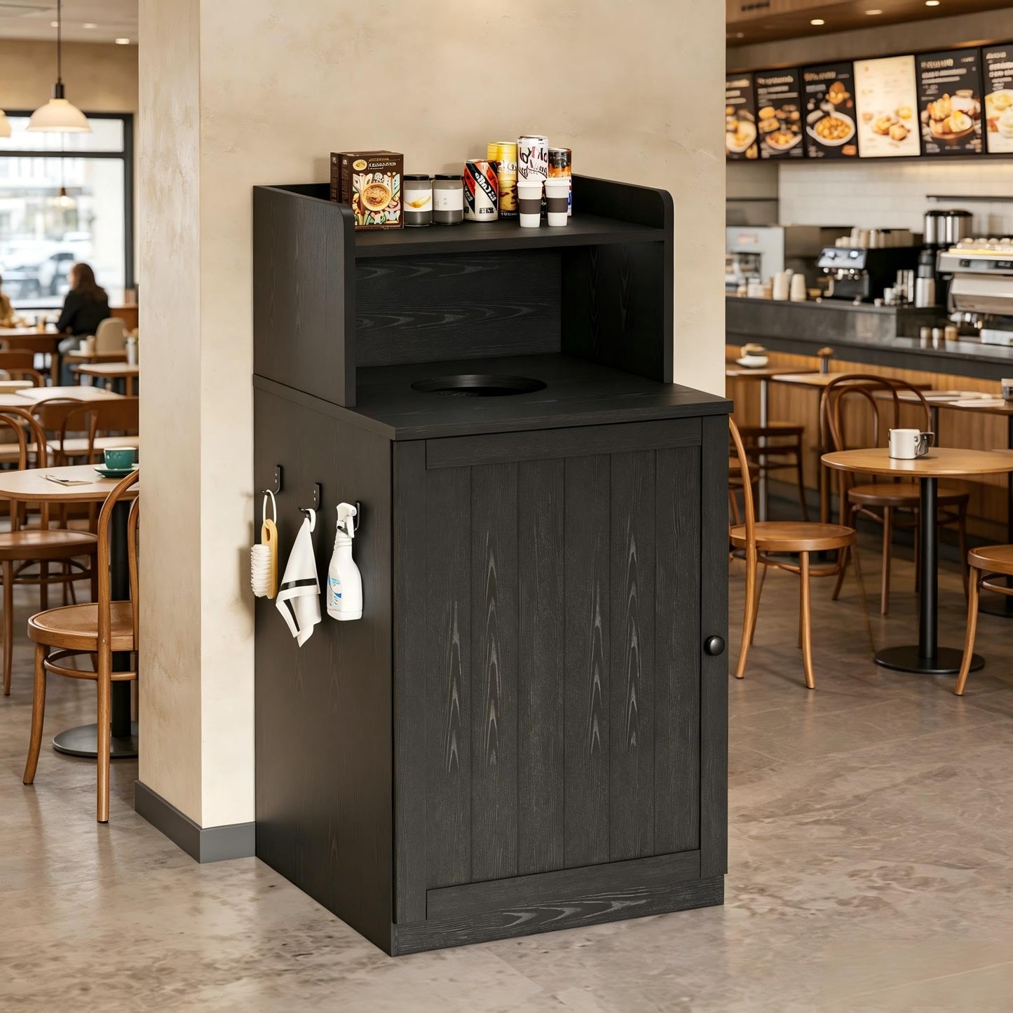 40 Gallon Restaurant Trash Can Cabinet, Wooden Commercial Trash Can with Tray Holder, Large Garbage Cabinet for Restaurant Cafeteria Office, Dark Black - color: Dark Black, size: Single