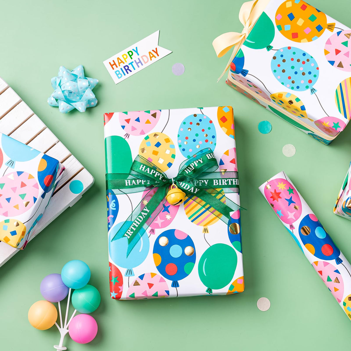 WRAPAHOLIC Birthday Wrapping Paper Roll - Mini Roll - 17 Inch x 16.5 Feet - Gold Foil Colorful Balloon Design Perfect for Birthday, Holiday, Party, Baby Shower - color: Birthday - Balloon